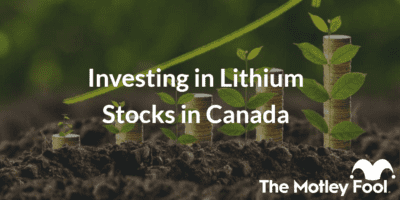 Coins growing in graph with the text “Investing in Lithium Stocks in Canada” and The Motley Fool jester cap logo