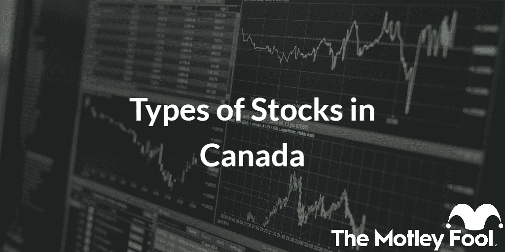 Stock charts with the text “Types of Stocks in Canada” and The Motley Fool jester cap logo