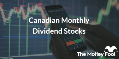 Stocks app with the text “Canadian Monthly Dividend Stocks” and The Motley Fool jester cap logo